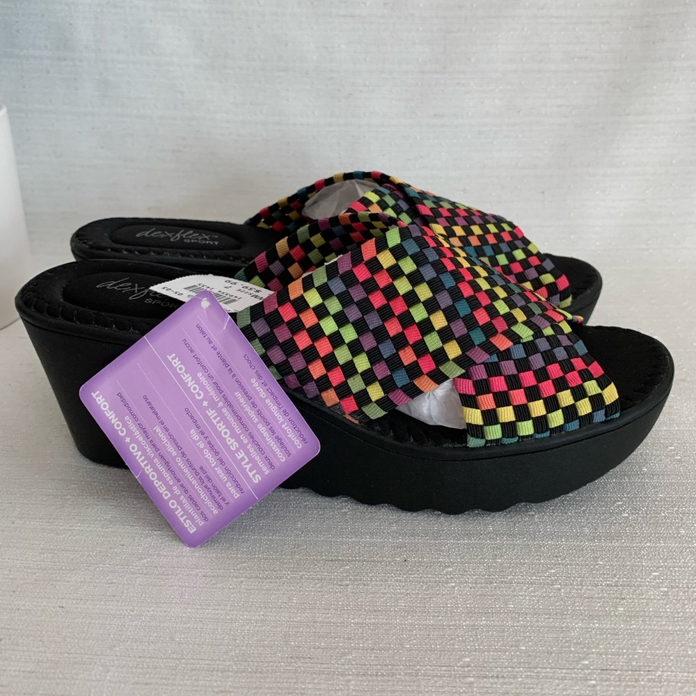 NWT Dexflex Rainbow Check Stretch Chunky Platform Wedge Sandals Woman’s 7 - Picture 6 of 11